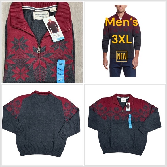 Men’s Weatherproof 3XL 3X Quarter 1/4 Zip Sweater Red Charcoal Holiday Snowflake - Picture 1 of 11
